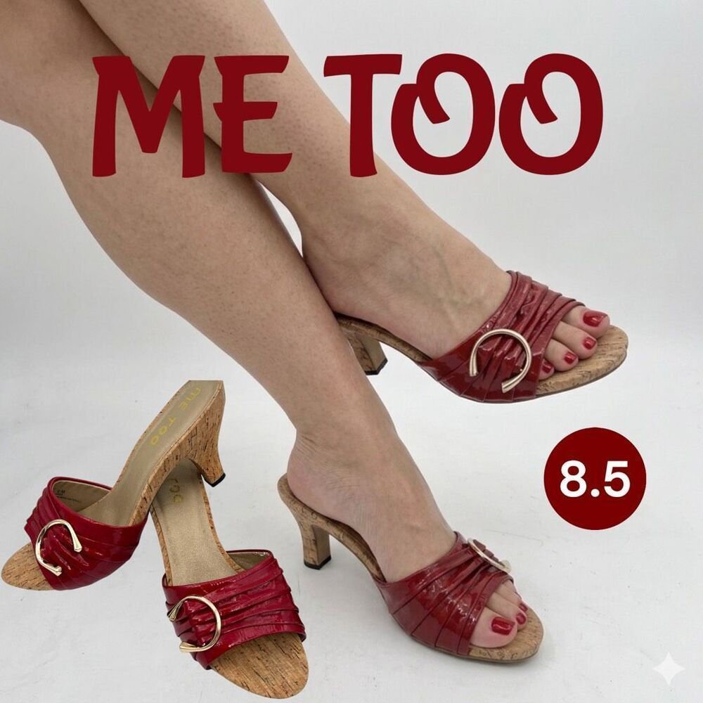 Me Too Women's Persil2 Pleated Leather Strap Cork Slip-On Heels Red Size 8.5